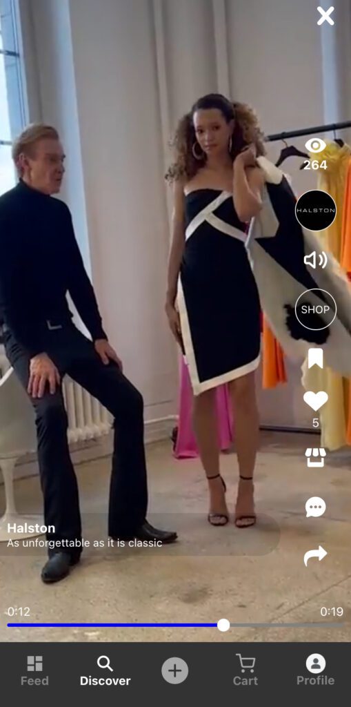 Ken Downing, left, creative director at apparel brand Halston, shows one of the retailer's dresses with a model in a video on the Orme app.